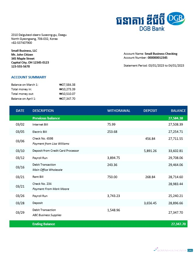 Download DGB Financial Group business bank statement Word and PDF template Photoshop template